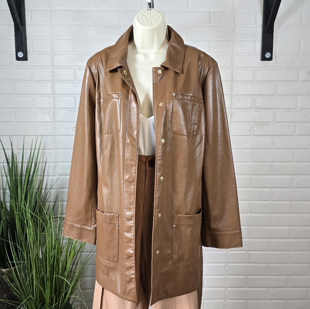NWT Chicos Brown Coated Vegan Leather Utility Jacket Size 2 - Picture 2 of 12